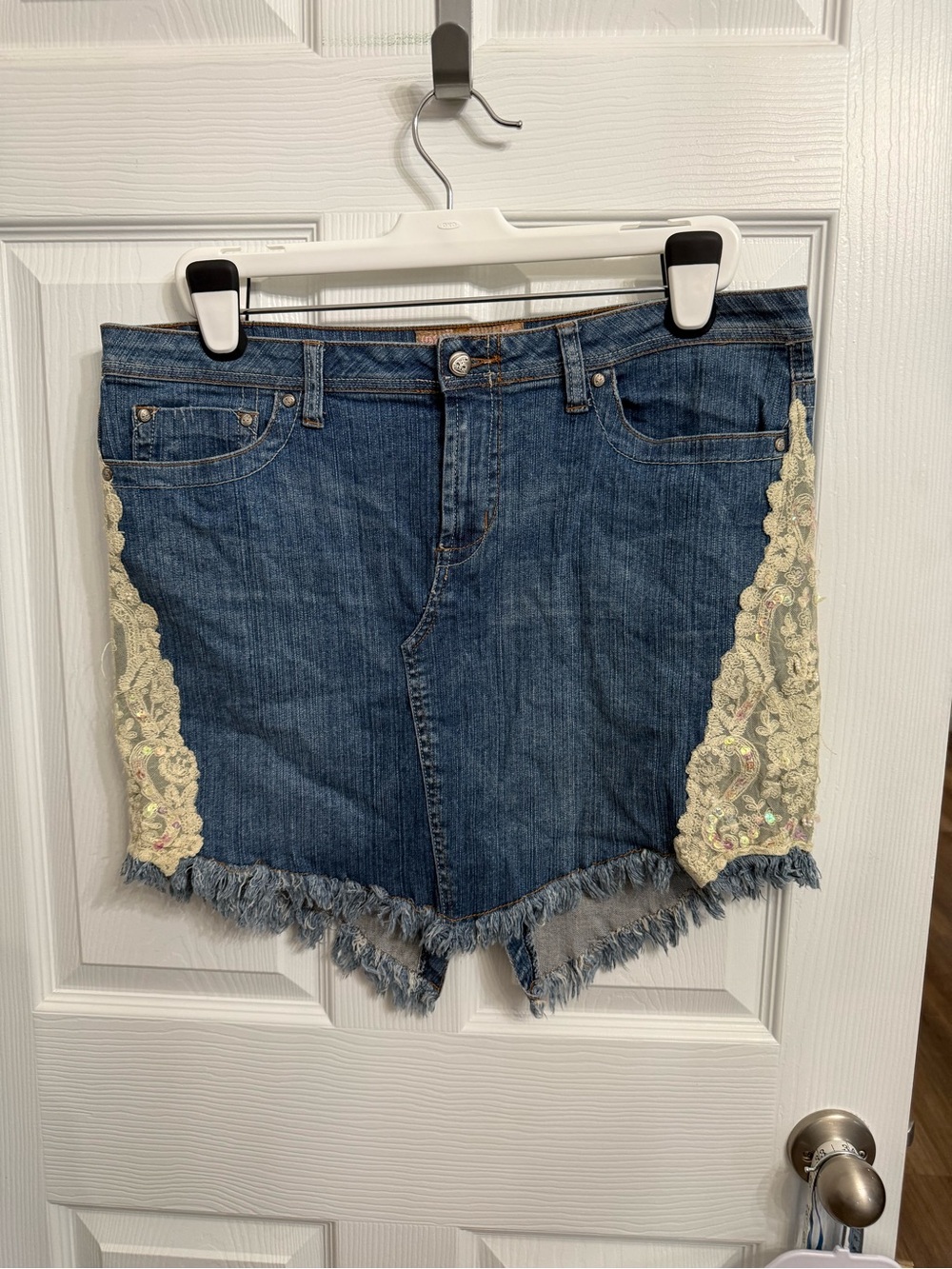 Candie’s Lace Panel Denim Mini Skirt Y2K Fairy Grunge Boho Festival Size 13